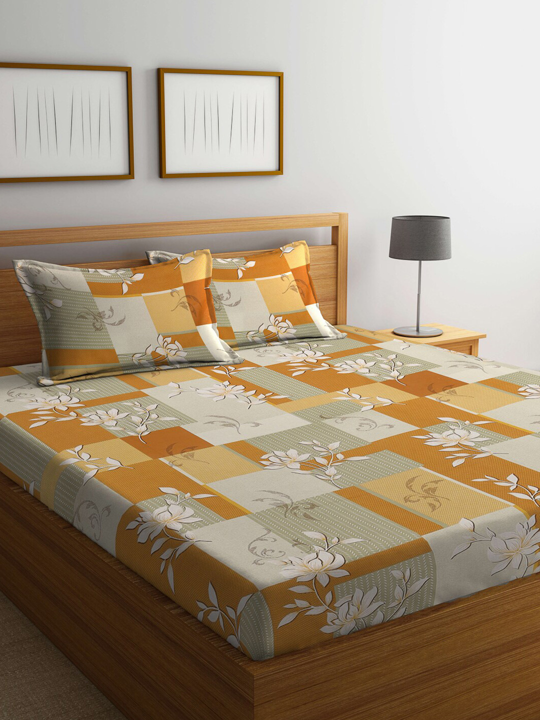 KLOTTHE Mustard Floral Cotton 400 TC Fitted King Superfine Bedsheet with 2 Pillow Covers-98 x 89 inches