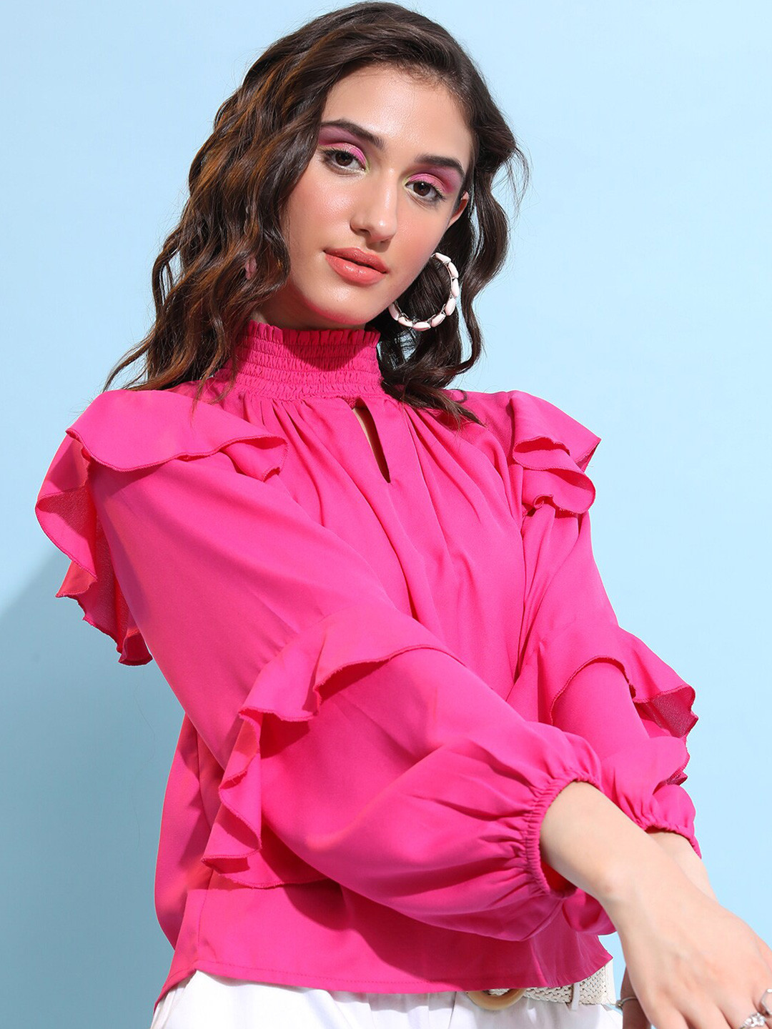CHIC BY TOKYO TALKIES Pink High Neck Puffed Sleeves Smocked And Ruffles Blouson Top