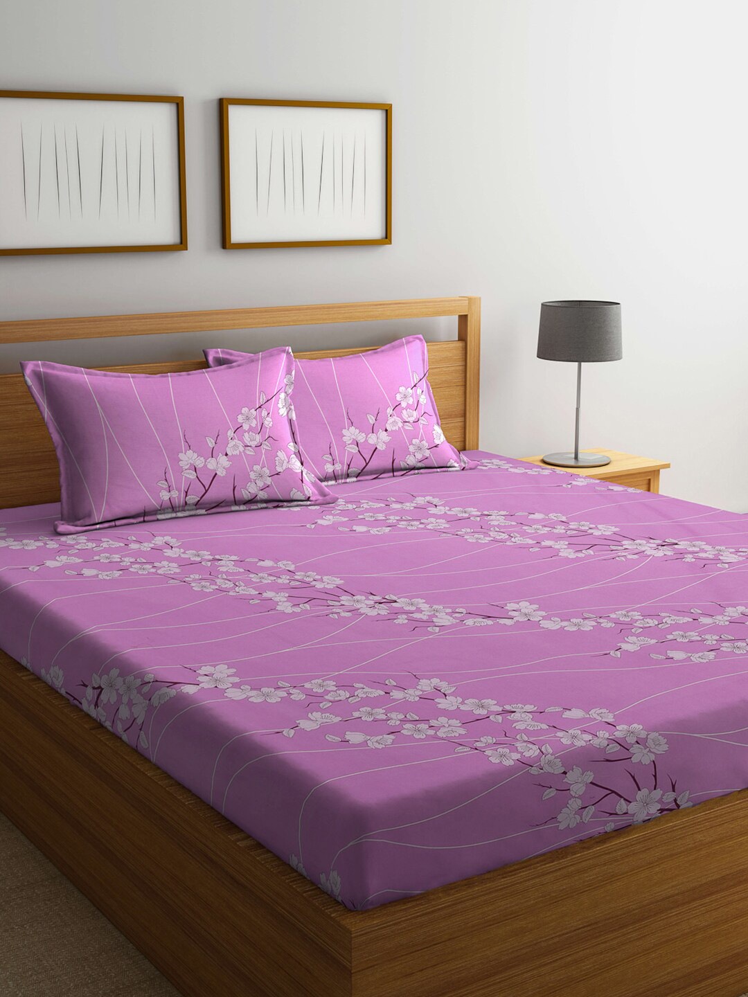 KLOTTHE Purple Floral Cotton 400 TC King Superfine Bedsheet with 2 Pillow Covers-98 x 89 inches