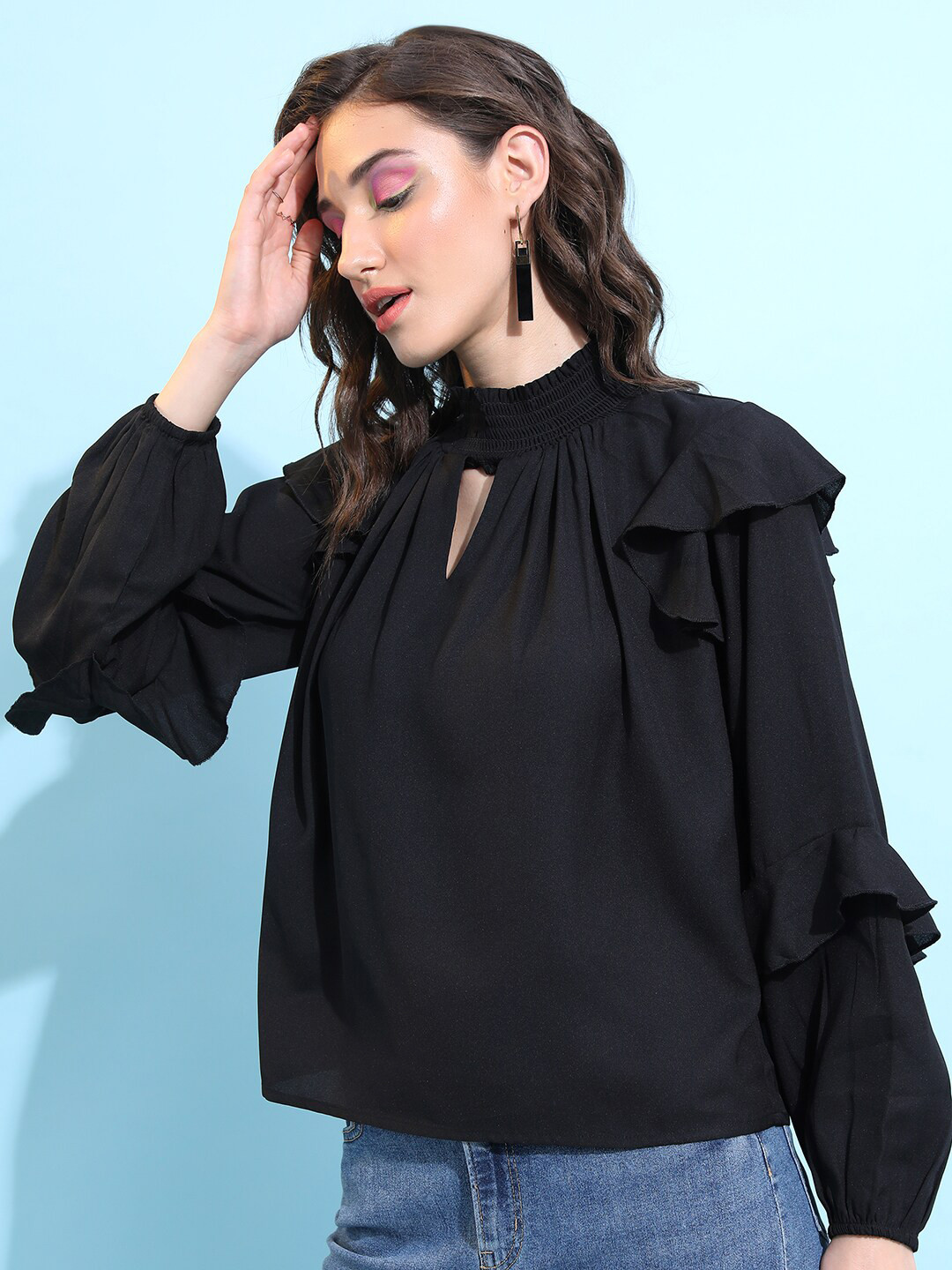 CHIC BY TOKYO TALKIES Black High Neck Bishop Sleeve Ruffled Top