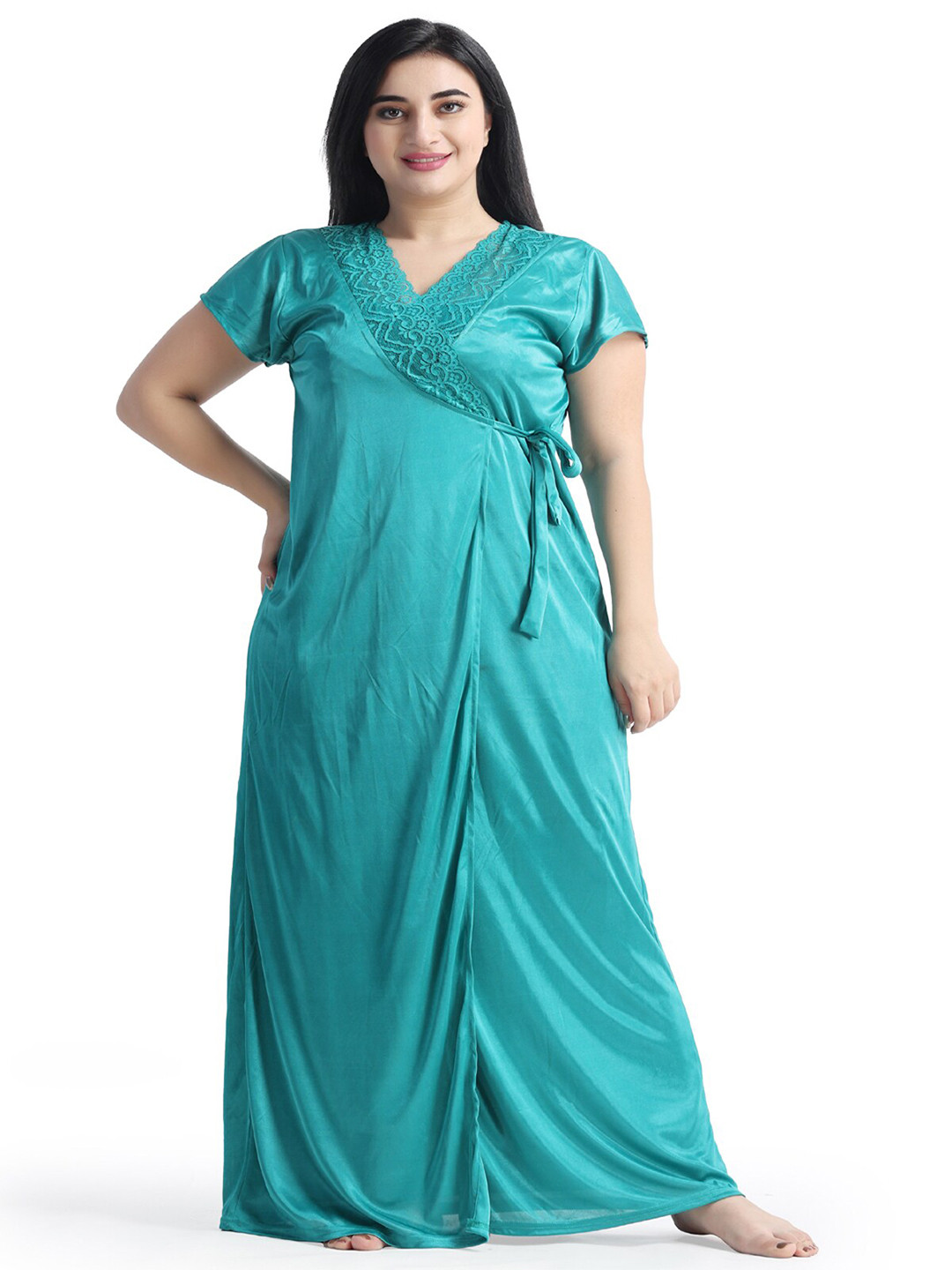 NIGHT KEYS V-Neck Satin Maxi Nightdress with Robe