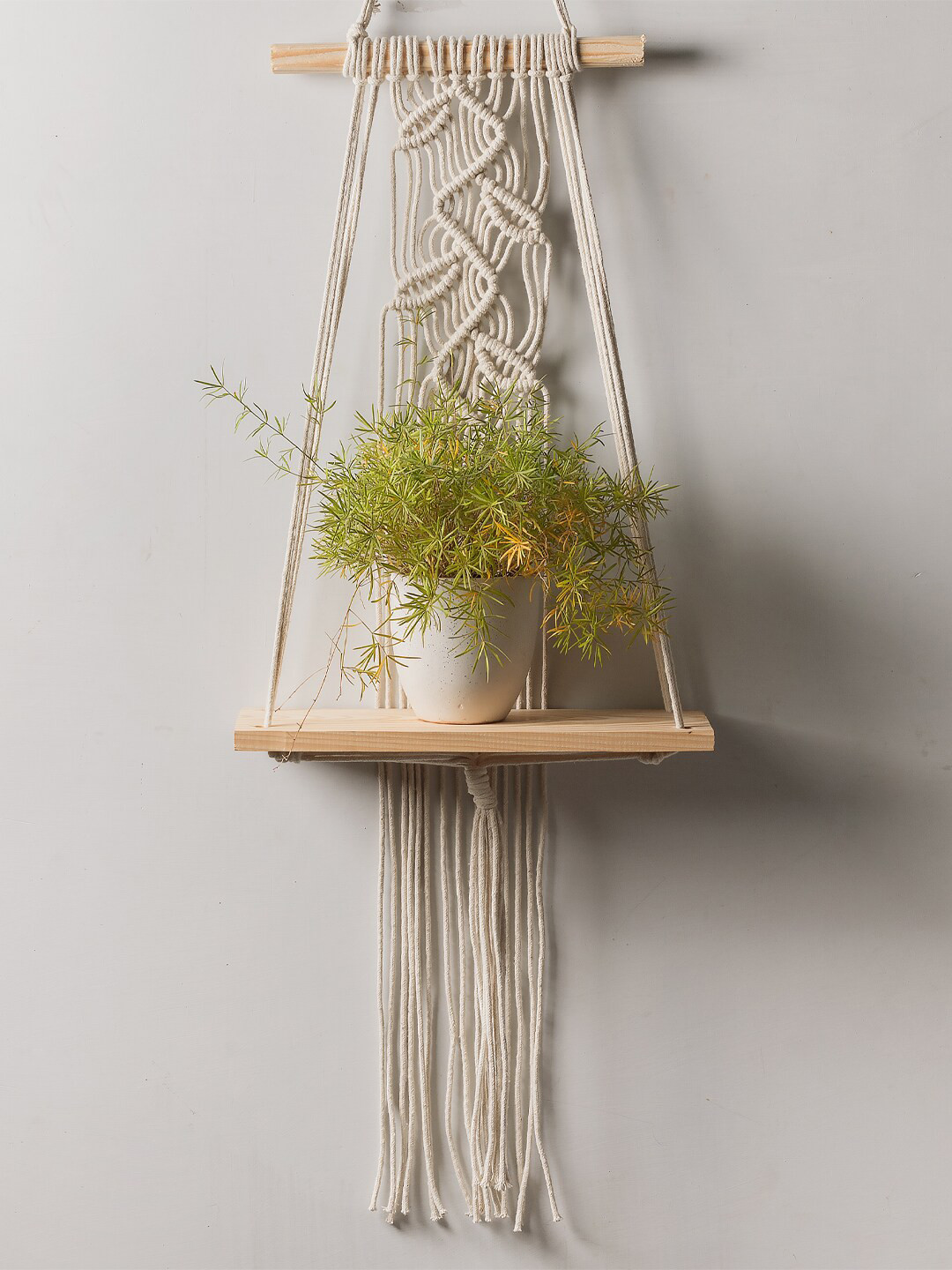 Decazone Macrame Beige Leaf Pattern Wood Shelf Wall Hanging