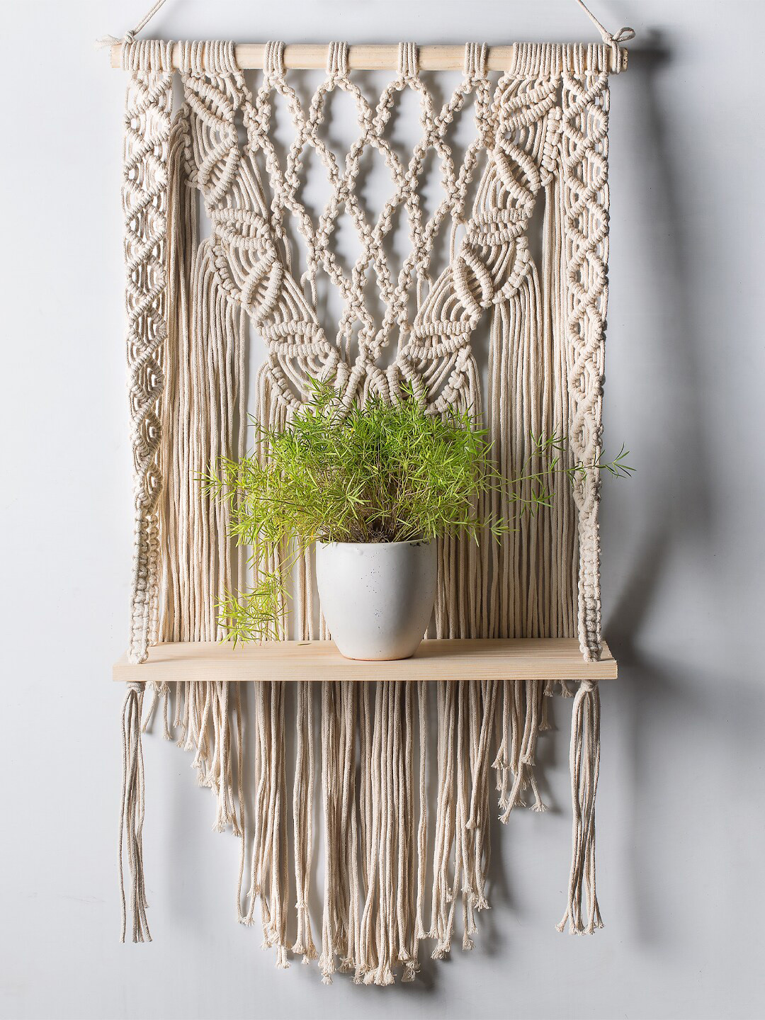 Decazone Macrame Beige Bohemian Cotton Rope Wall Hanging with One Shelf