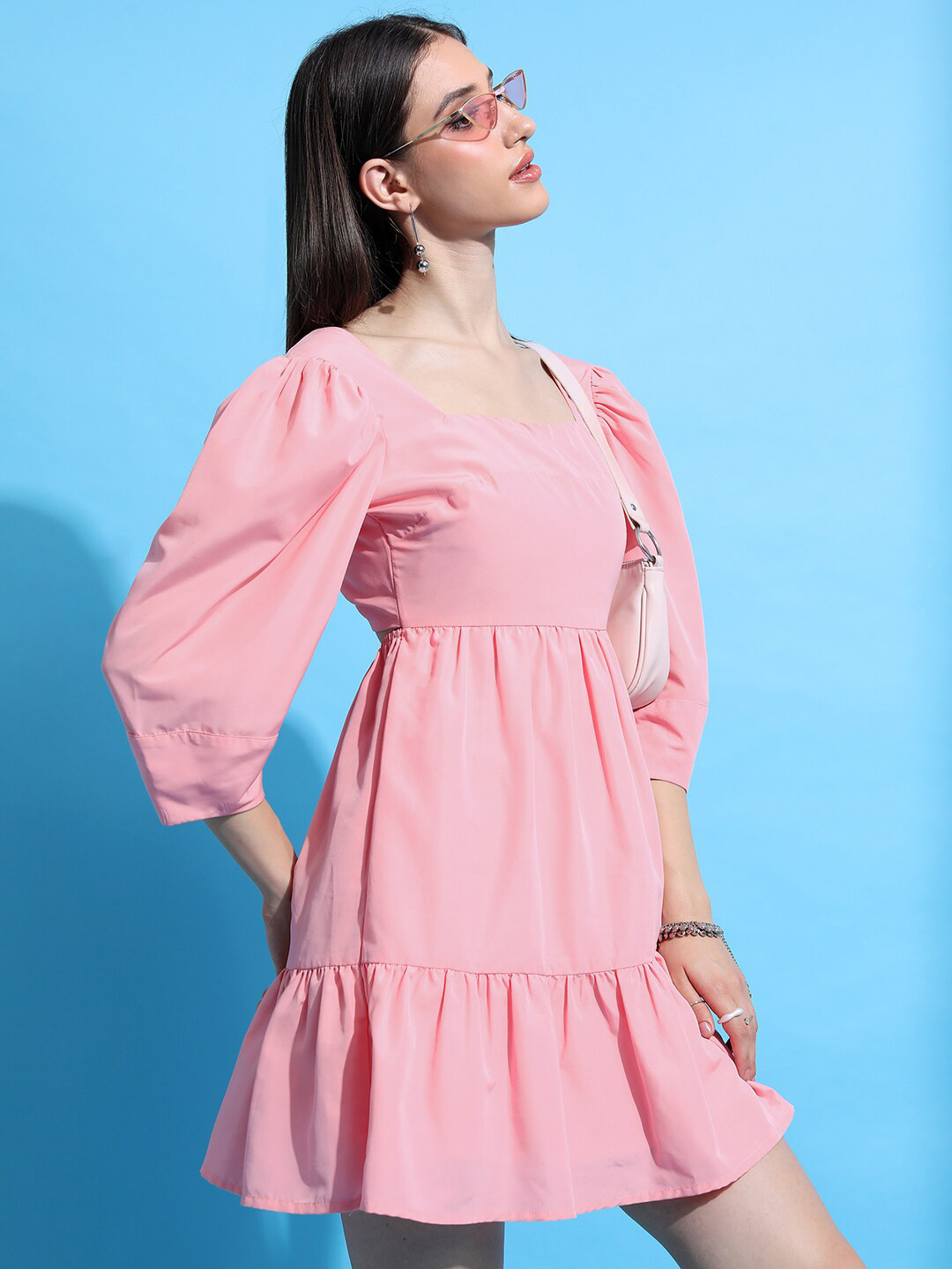 Tokyo Talkies Pink Square Neck Puffed Sleeves Tie-Ups Fit & Flare Dress