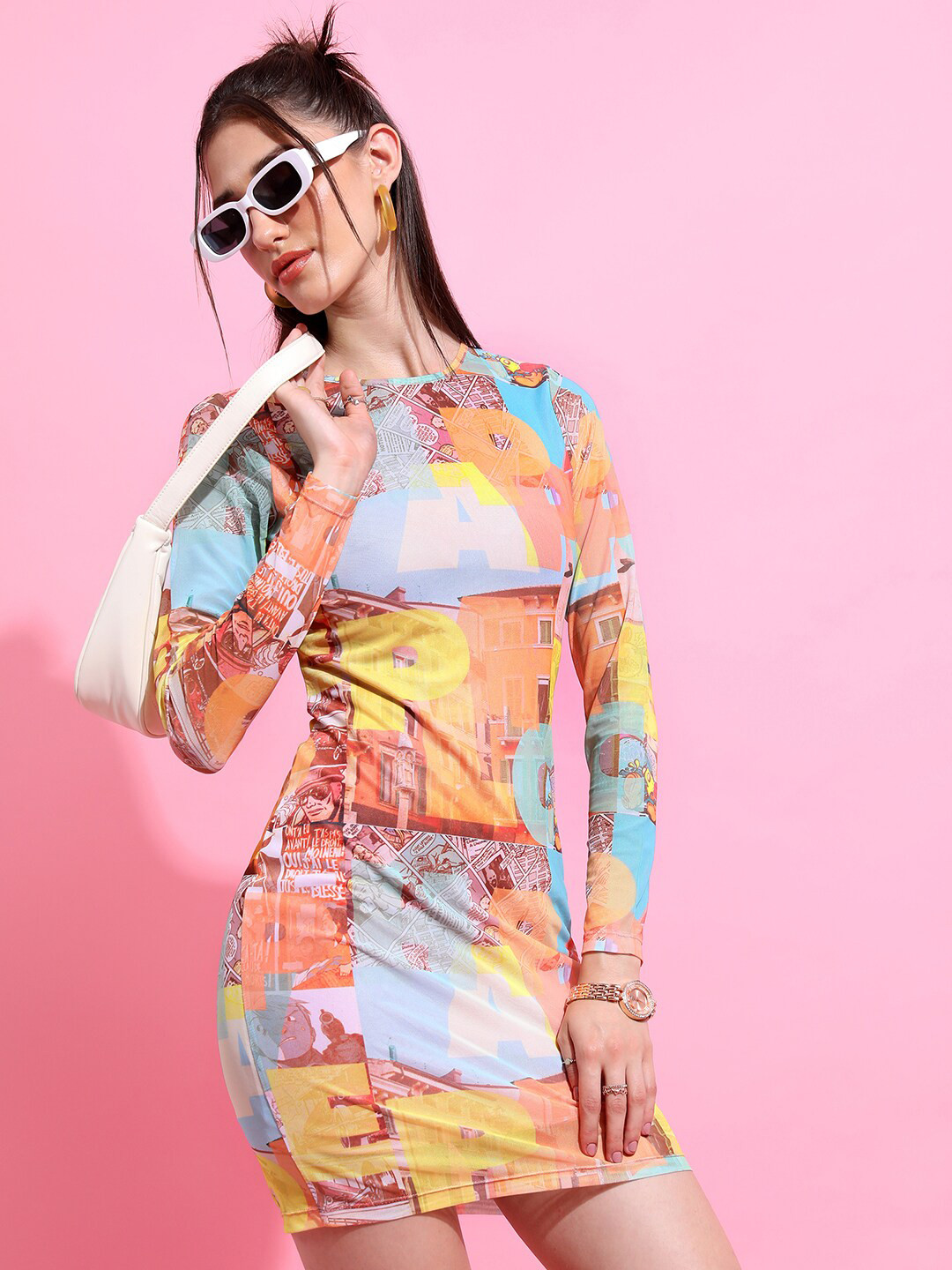 Tokyo Talkies Coral Pink Graphic Printed Bodycon Mini Dress