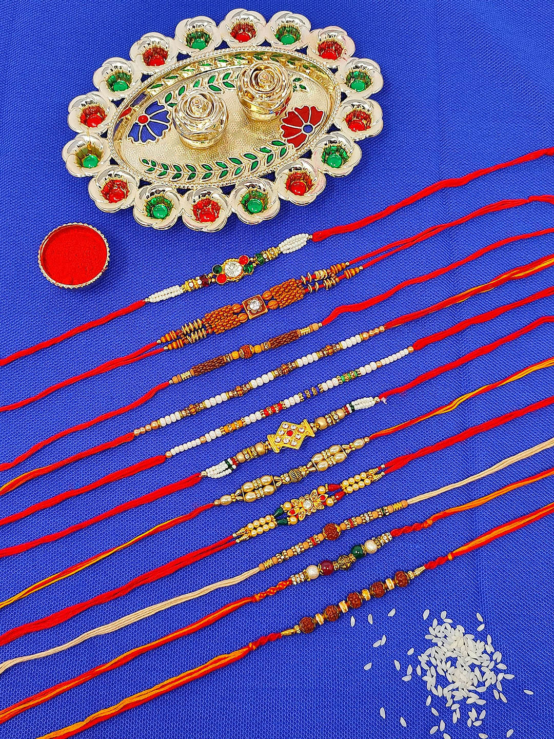 CRAYTON Set Of 11 Beaded Rakhi With Roli Chaval Box & Plate