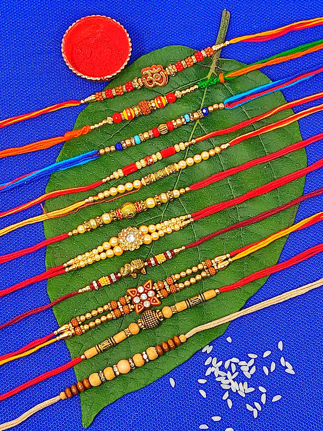 CRAYTON Set Of 11 Stone-Studded & Beaded Modern Yet Traditional Thread Rakhi