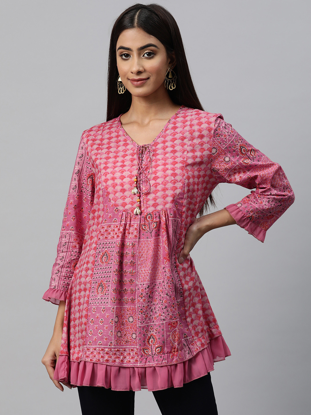 Nayam By Lakshita Pink Print Tie-Up Neck Cotton Top