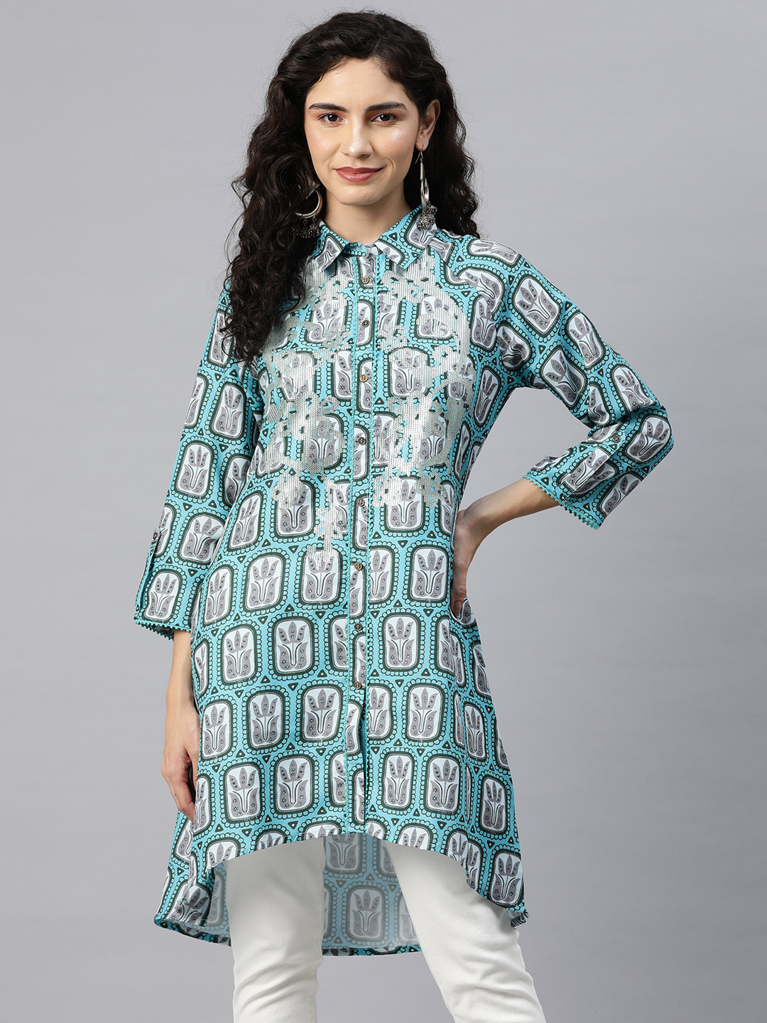 Nayam By Lakshita Blue Shirt Collar Printed Ethnic Rayon Tunic