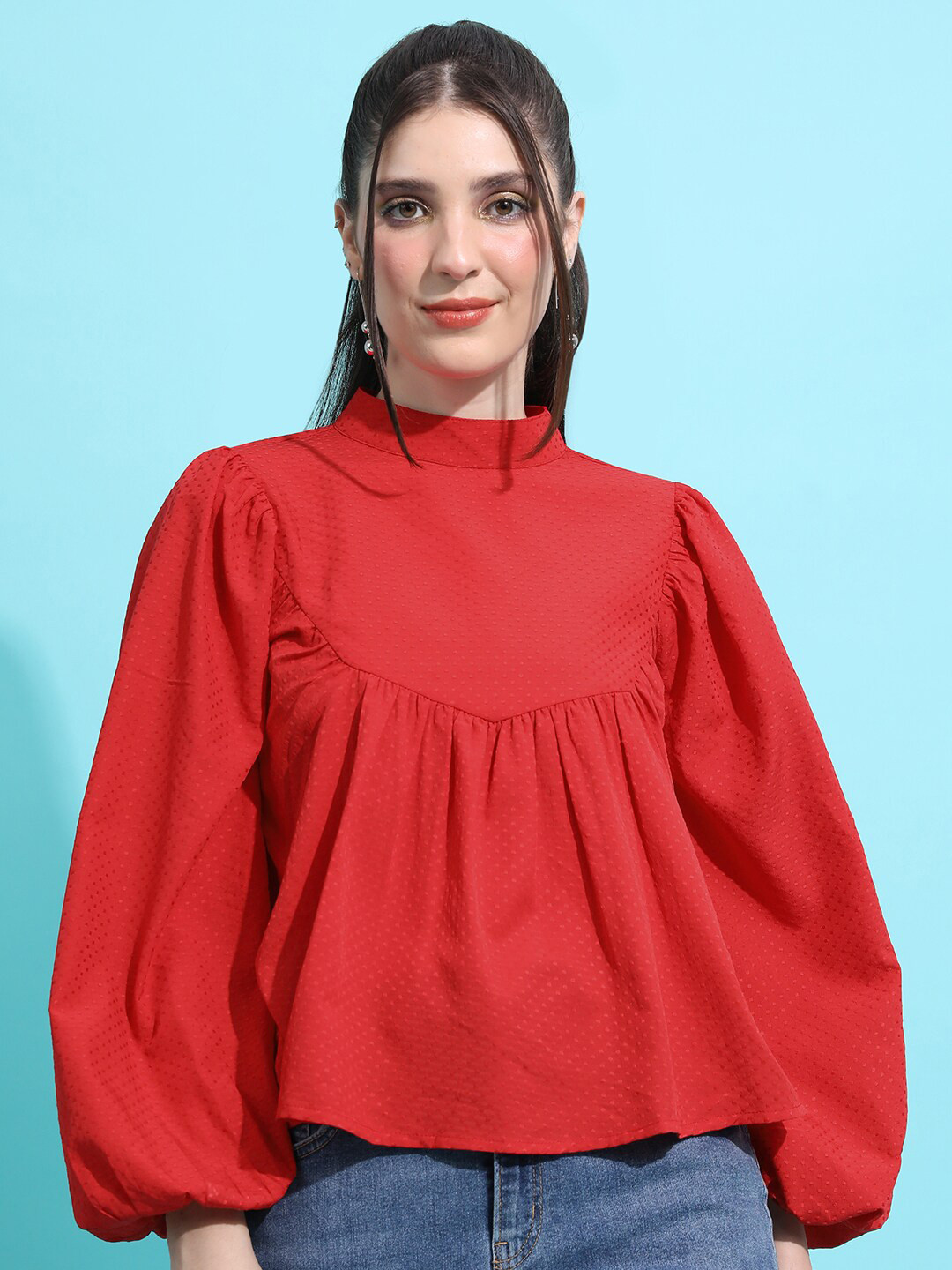 Tokyo Talkies Red Self Designed Hight Neck Puff Sleeve A-Line Top