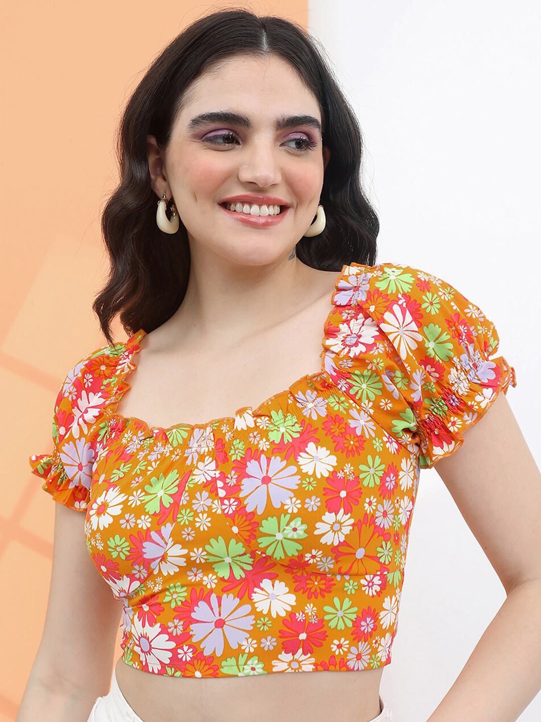 Tokyo Talkies Orange Floral Printed Square Neck Puff Sleeves Smocking Crop Top