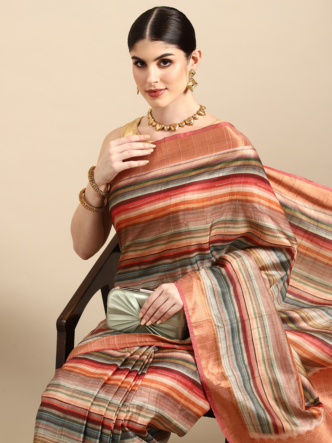 Silk Land Striped Silk Blend Khadi Digital Print Saree