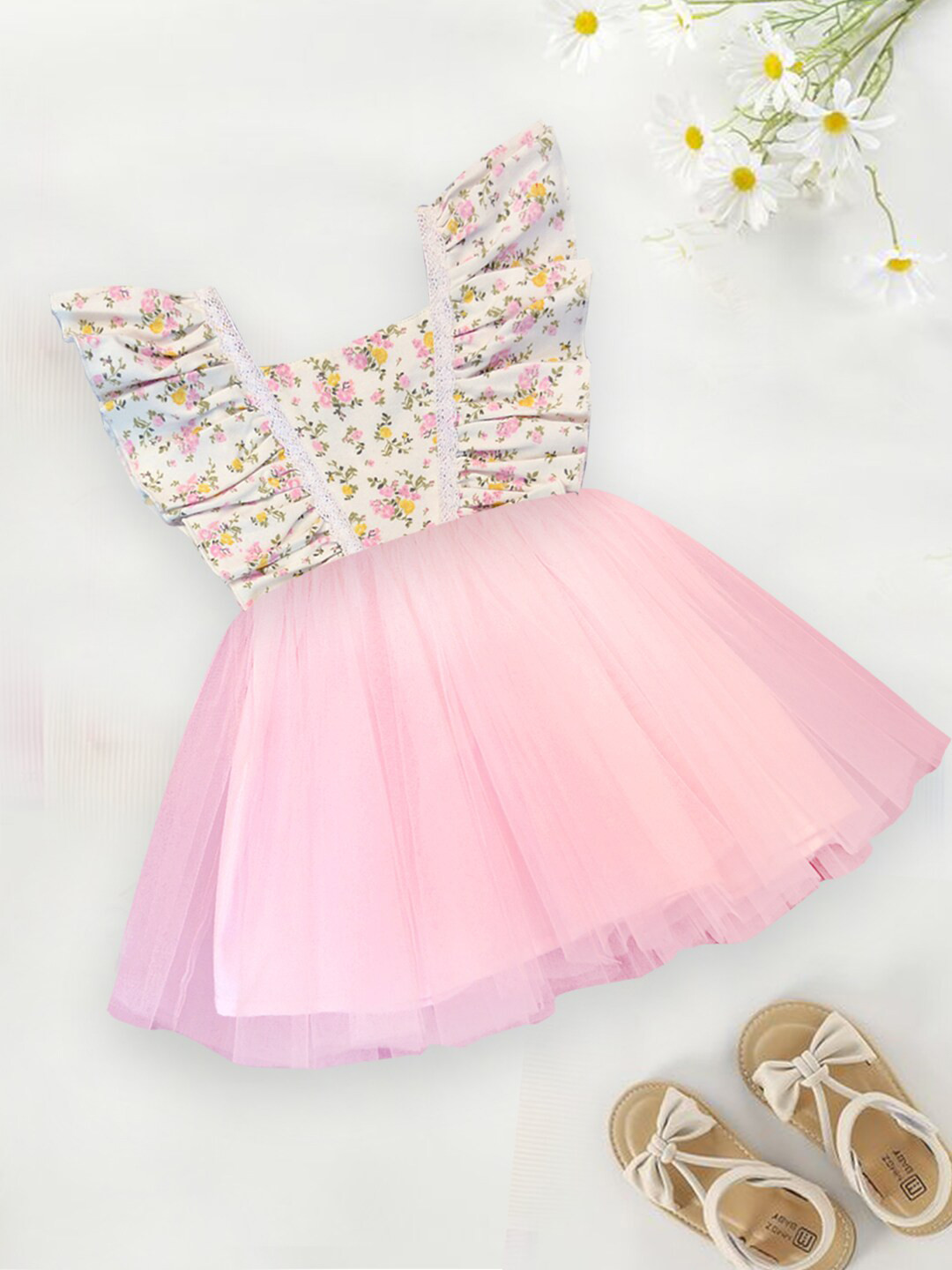 A.T.U.N. Floral Printed Square Neck Flared Sleeve Gathered Pure Cotton Fit & Flare Dress