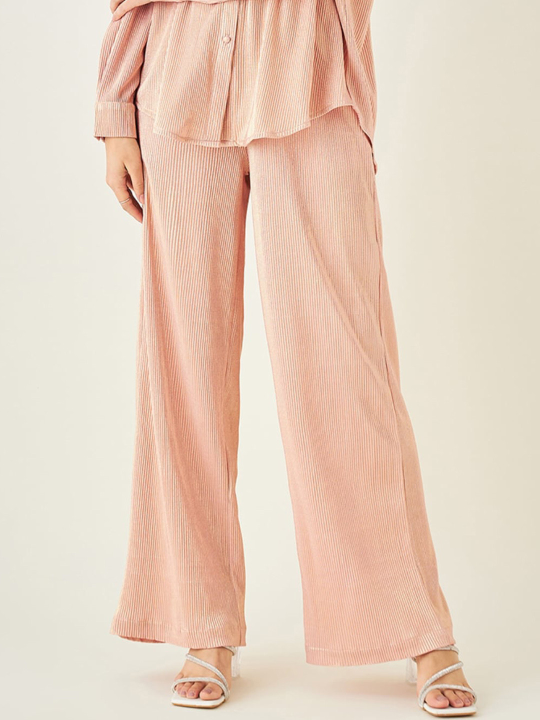 JUNE & HARRY Ribbed Flared High Rise Plain Parallel Trousers