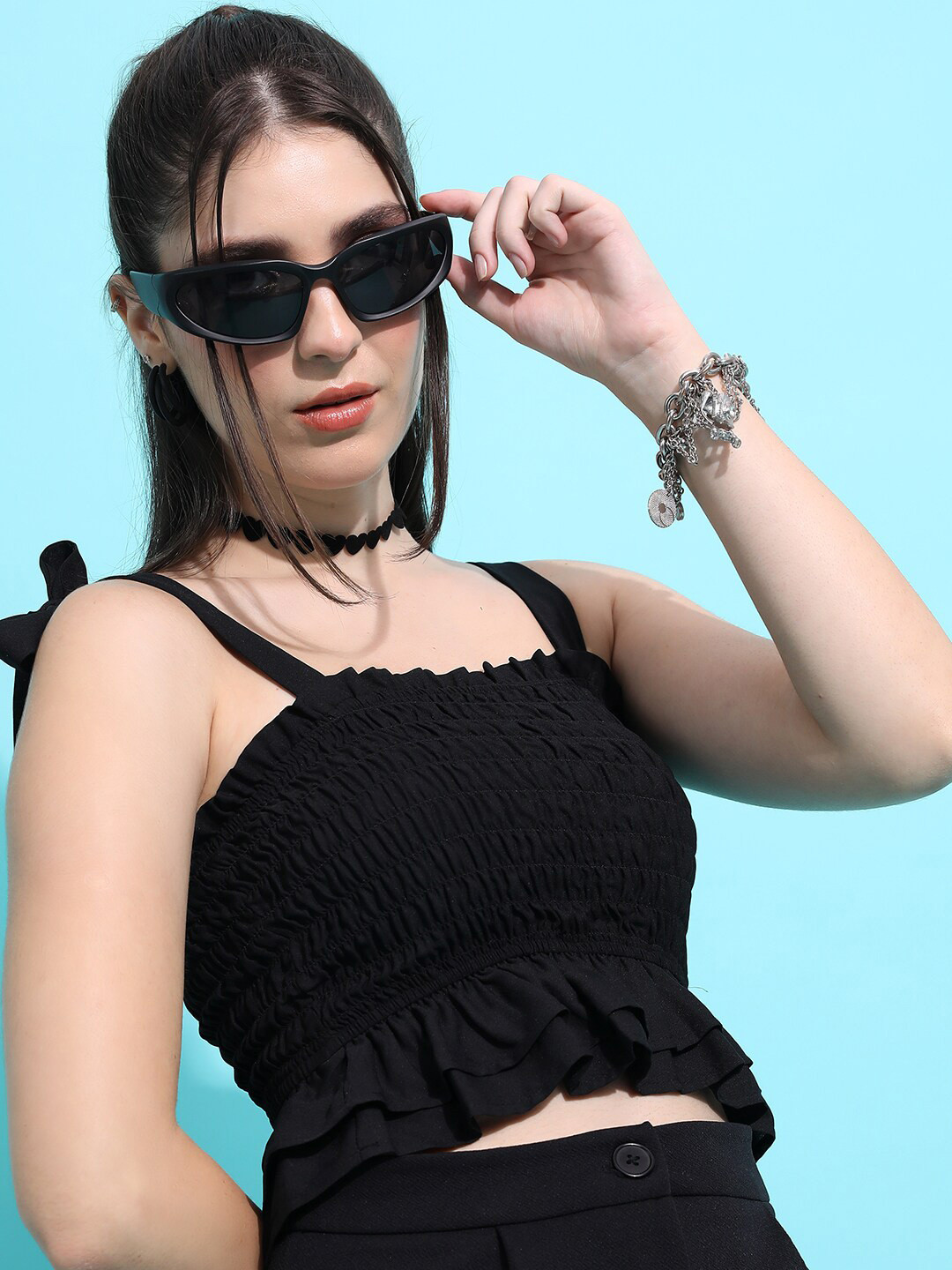 Tokyo Talkies Black Smocked Fitted Crop Top