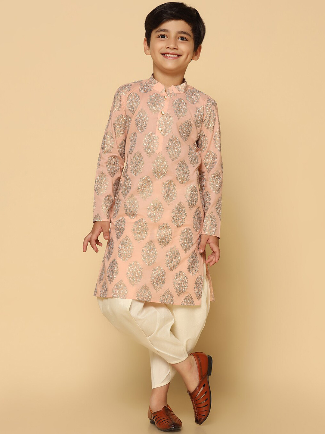 KISAH Boys Peach Ethnic Motifs Printed Regular Kurta With Dhoti Pants Set