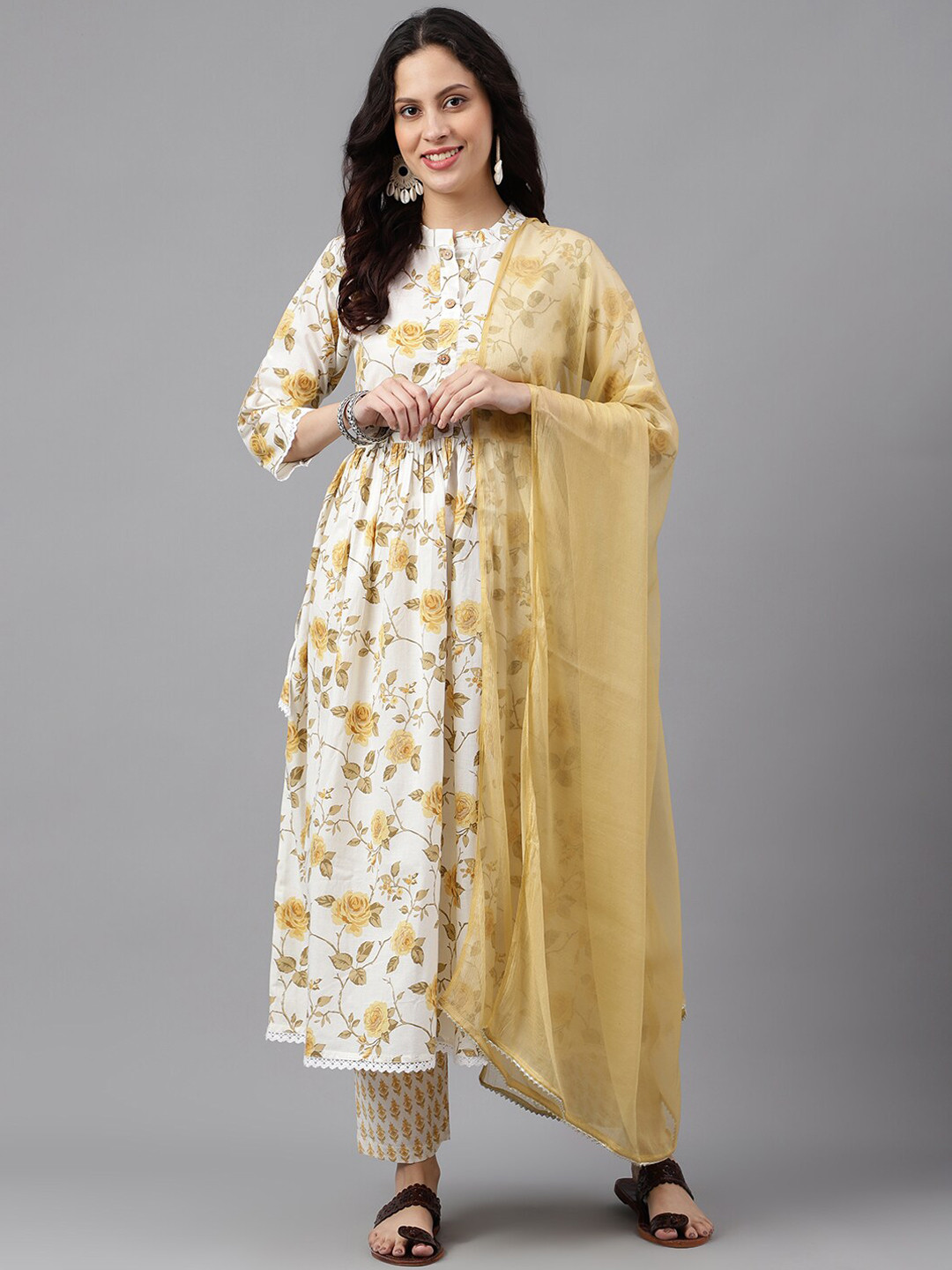 KALINI Band Collar Floral Printed Pleated Anarkali Kurta & Trousers With Dupatta