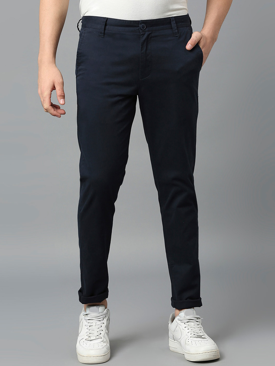 Harvard Men Navy Blue Classic Easy Wash Mid Rise Trousers