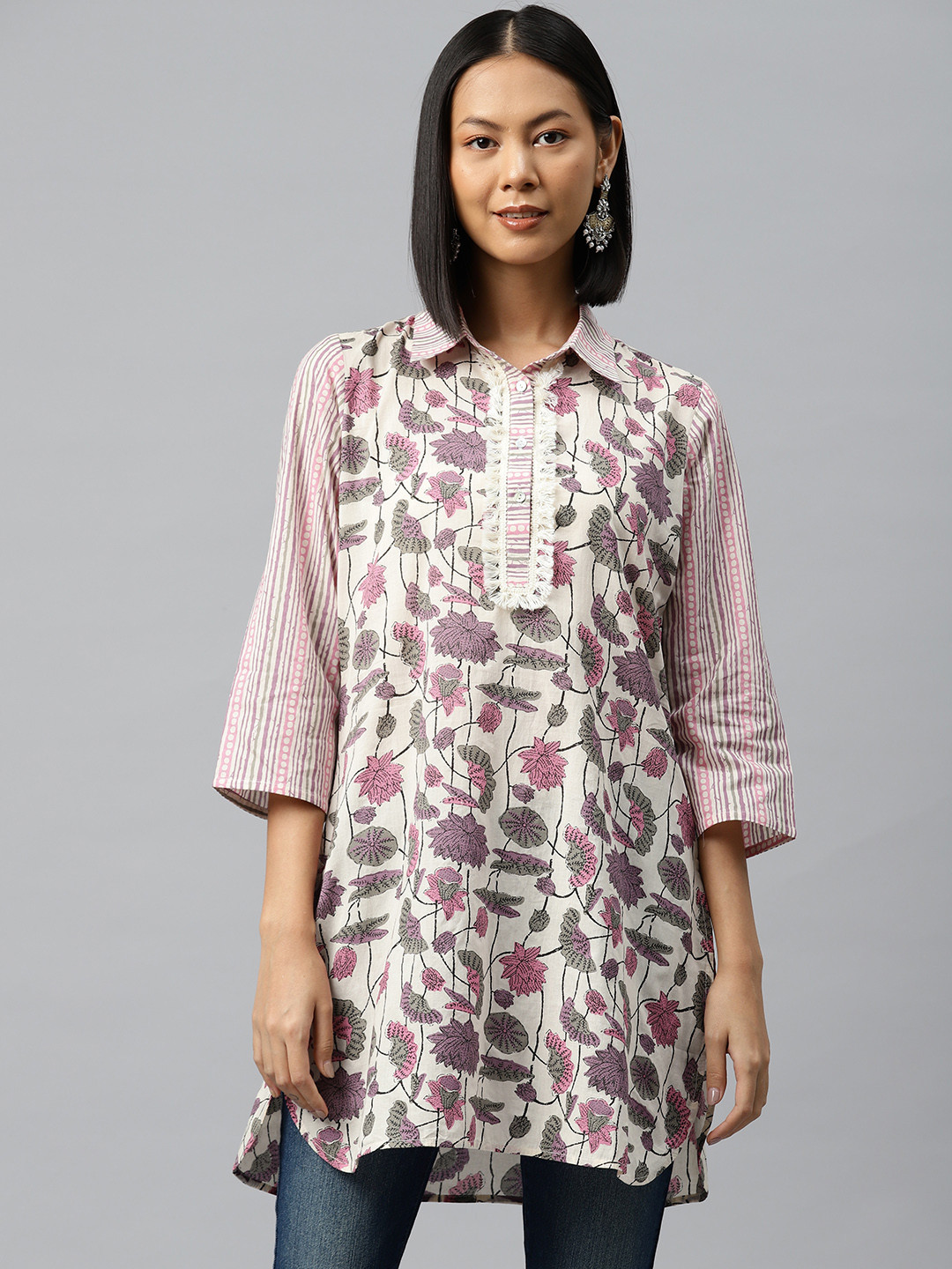 Nayam By Lakshita White Floral Printed Shirt Collar Pure Cotton Kurti