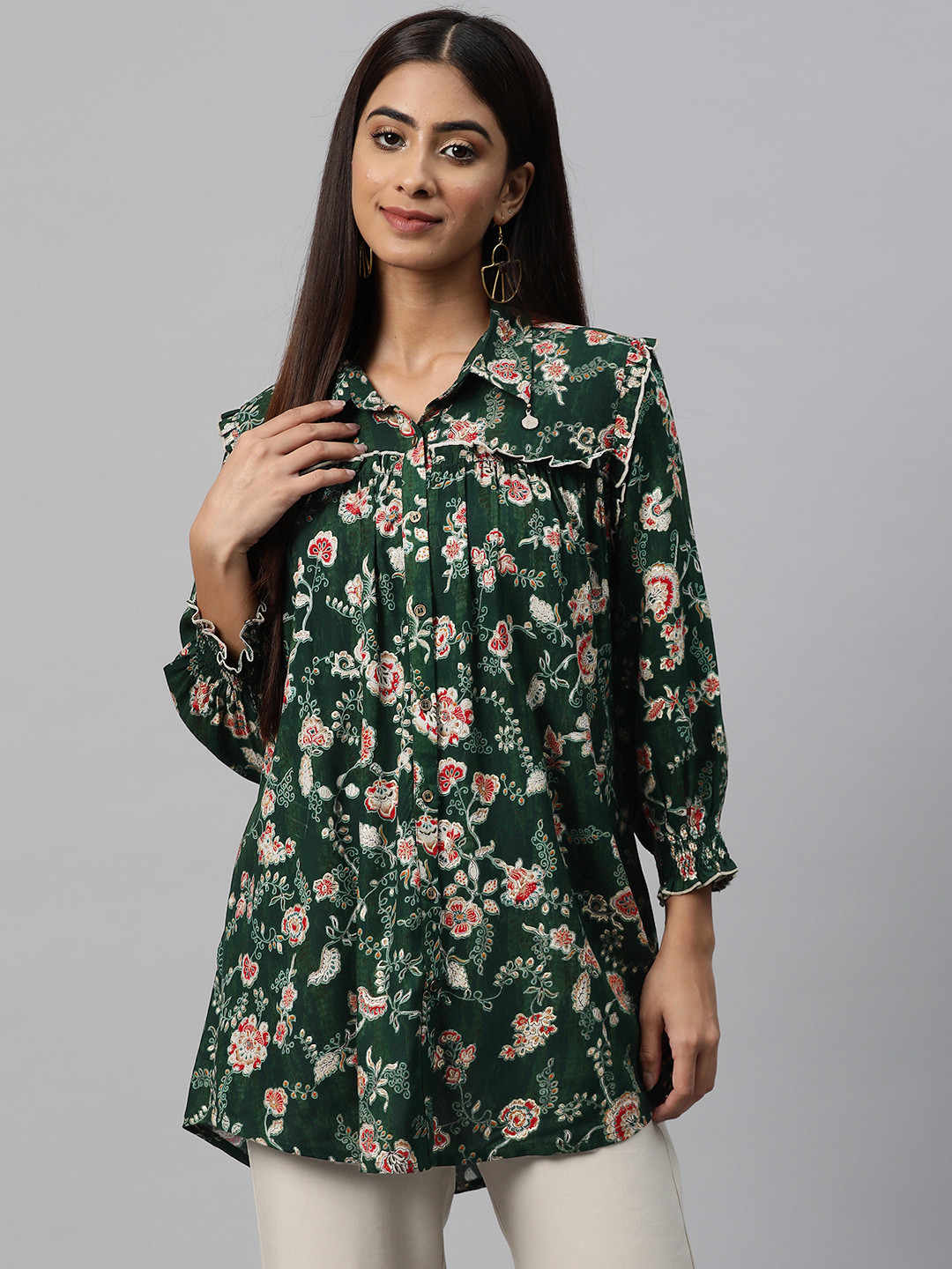 Nayam By Lakshita Smart Floral Printed Puff Sleeves Ruffled Longline Casual Shirt