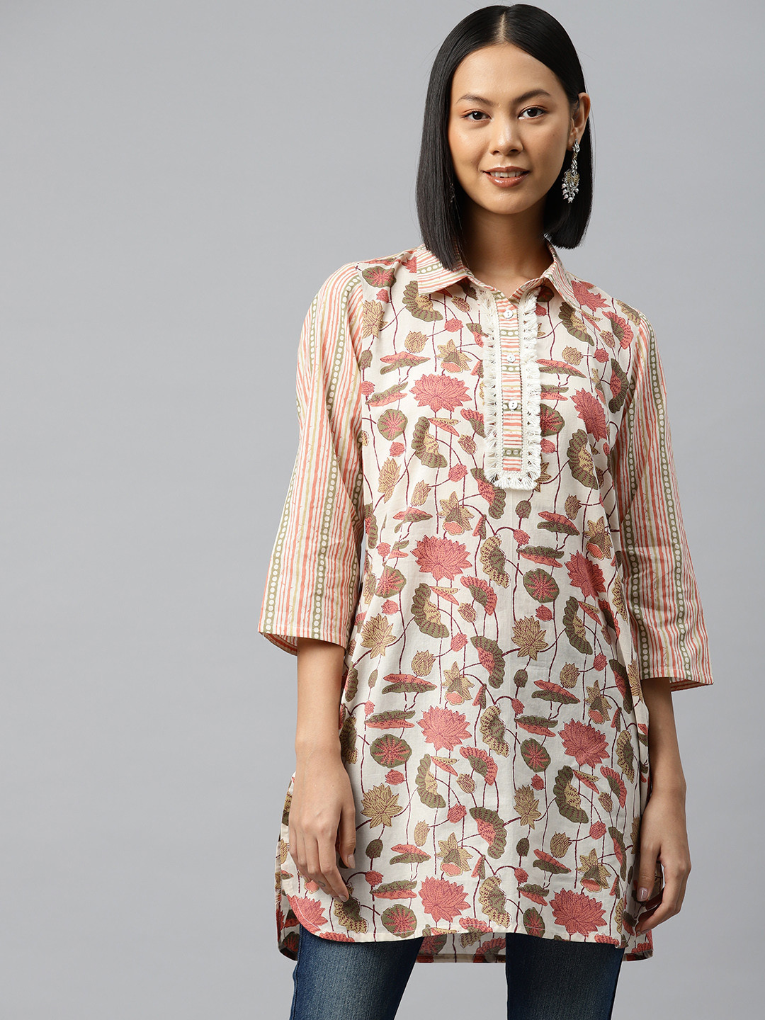 Nayam By Lakshita White Floral Printed Shirt Collar Pure Cotton Kurti