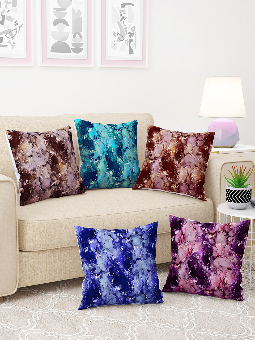 Story@home Printed Navy Blue Marble Polyester Anti-Wrinkle 5 Pcs Cushion Covers -16x16In