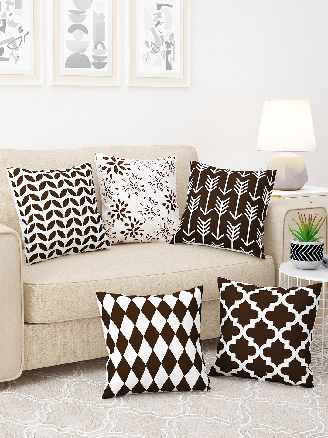Story@home Brown Geometric Polyester Quick-Dry 5 Square Cushion Covers -16x16In