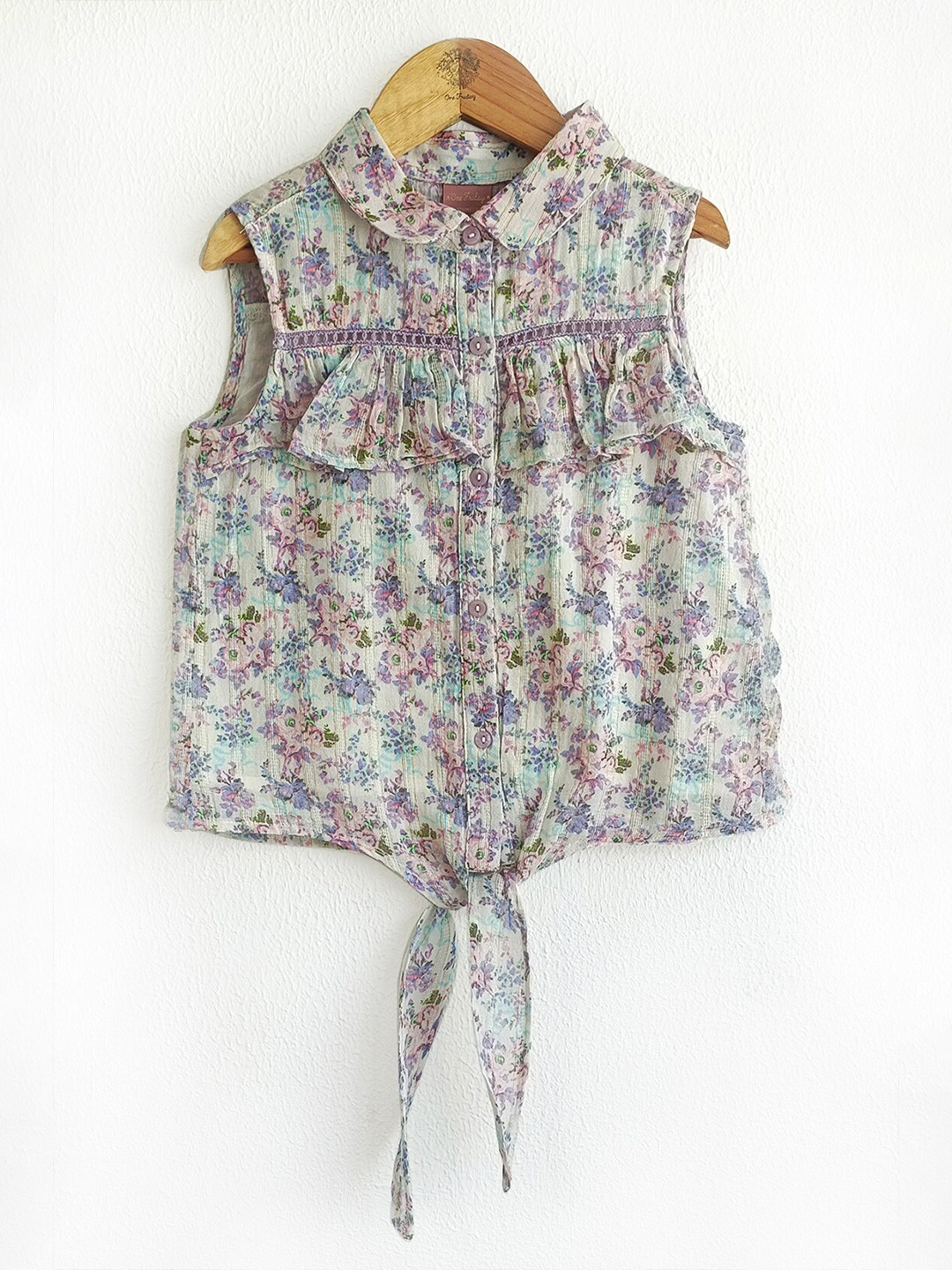 One Friday Girls Floral Printed Gathered Detailed Cotton Shirt Style Top