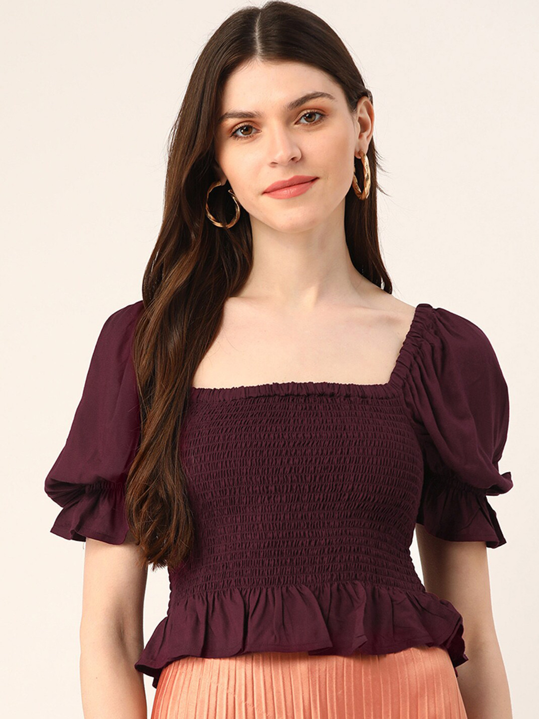 Trend Arrest Burgundy Smocked Detailed Square Neck Puff Sleeve Fitted Top