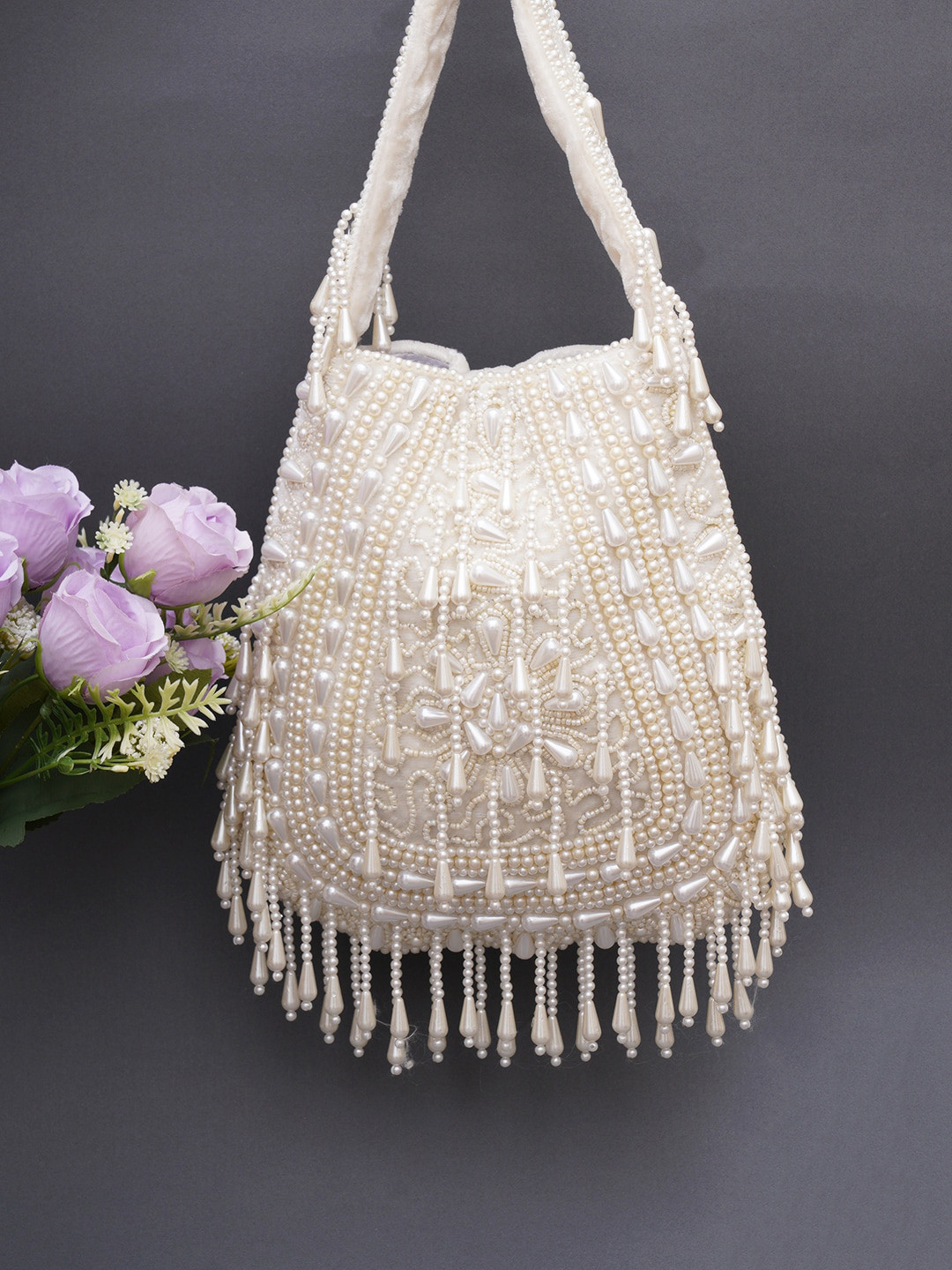 FABBHUE Beaded Embellished Velvet Handheld Bag With Fringed