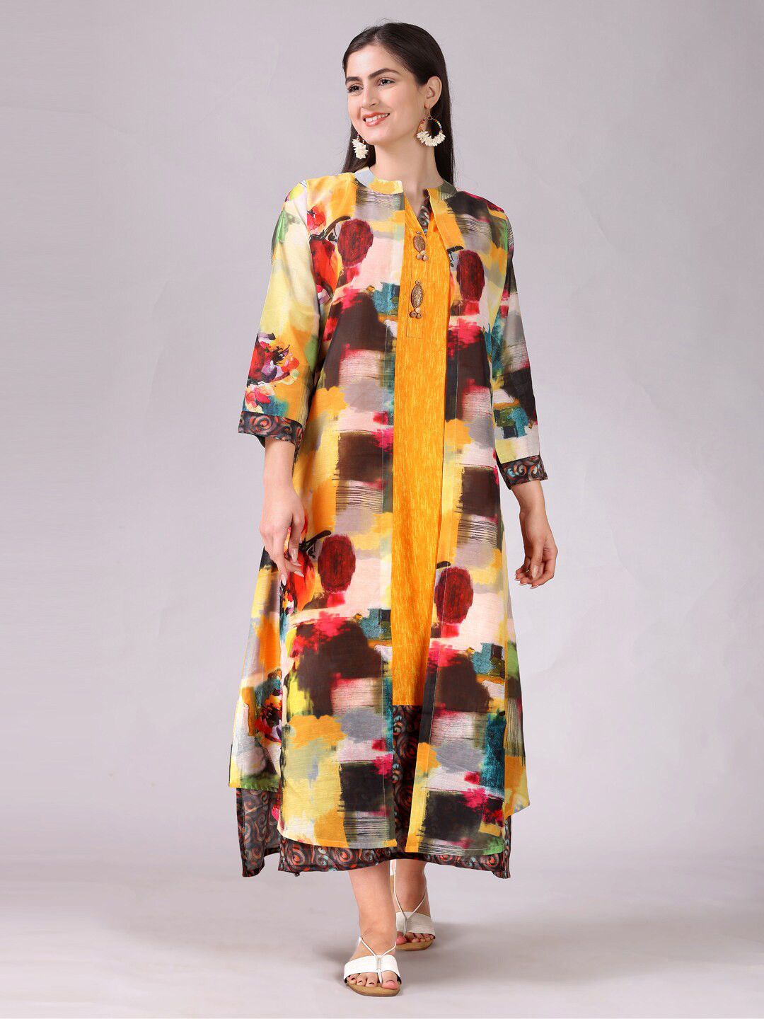 Elthia Abstract Printed Mandarin Collar Silk A-Line Ethnic Dress