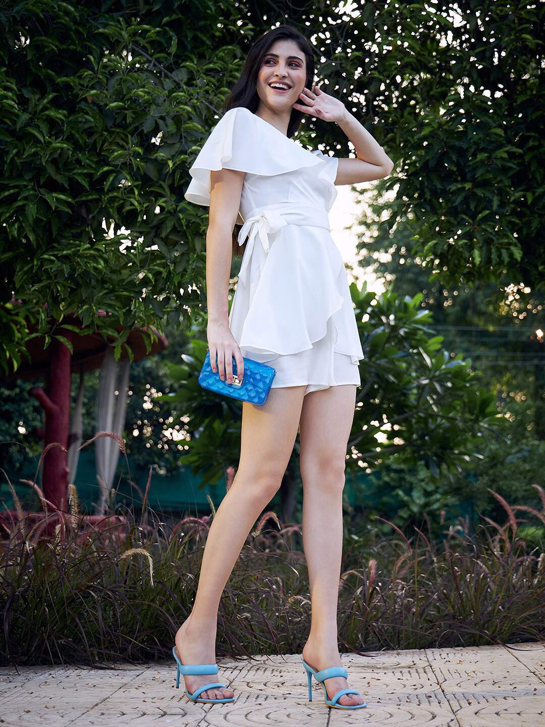 Berrylush White V-Neck Flared Ruffled Playsuit
