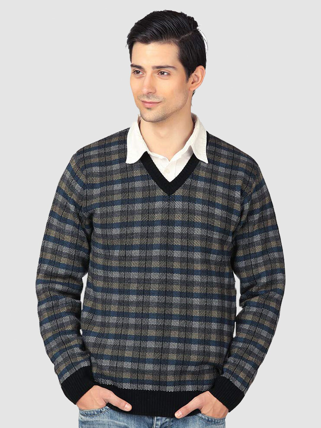 aarbee Checked V-Neck Pullover Acrylic Sweater