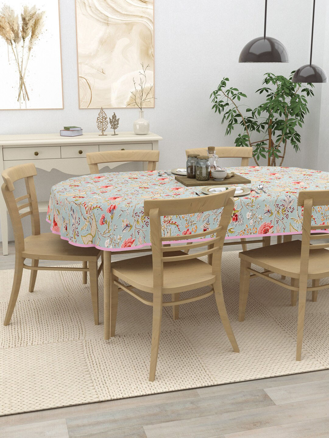 Clasiko Grey & Pink Printed Cotton 6-Seater Table Cover