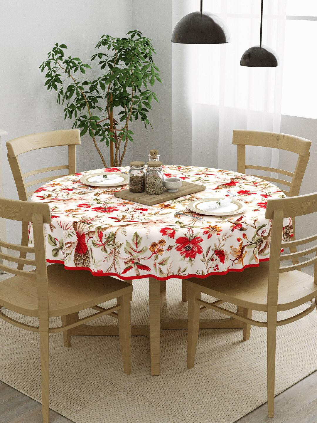 Clasiko White & Red Printed Pure Cotton 4-Seater Table Cover