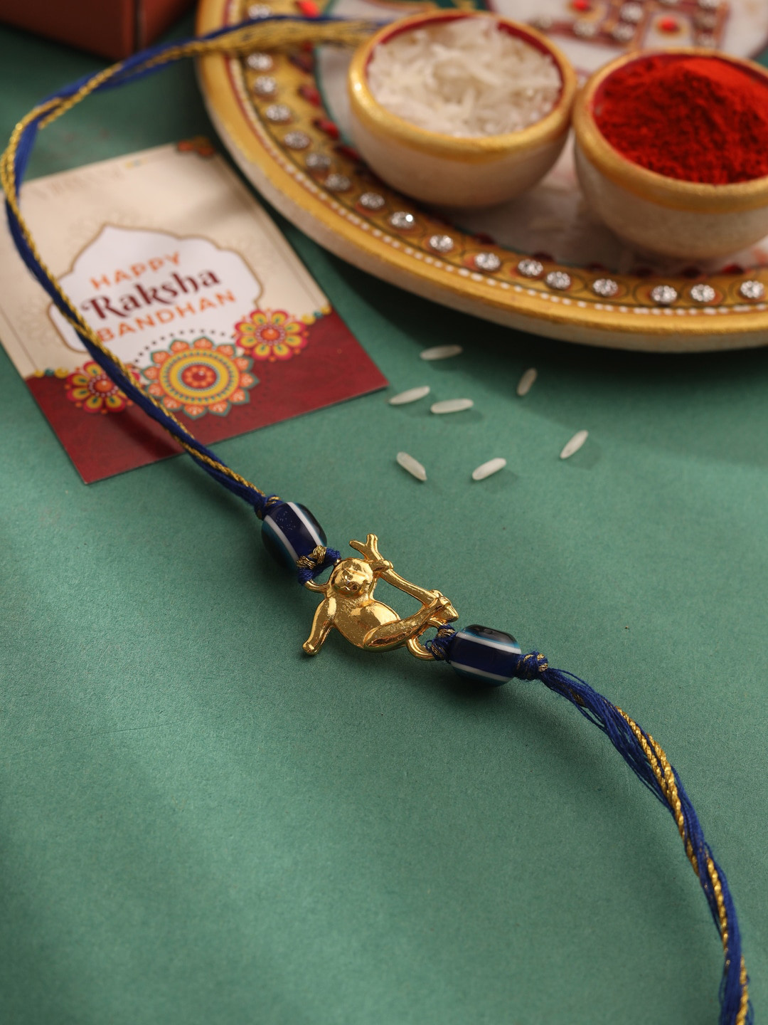 VIRAASI Kids Gold Plated Evil Eye Beaded Rakhi With Roli Chawal & Card