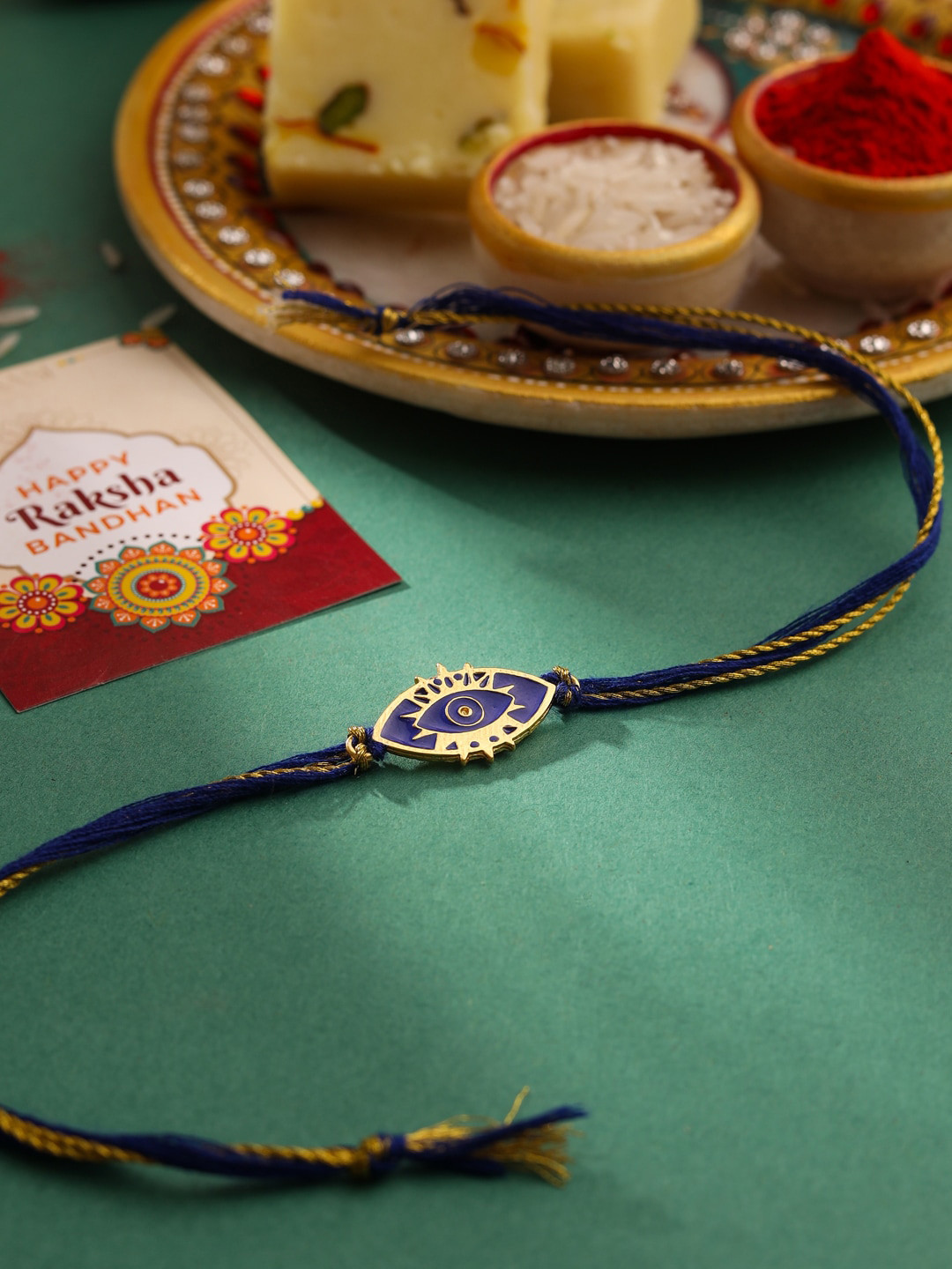 VIRAASI Men Evil Eye Nazariya Rakhi with Roli Chawal & Card