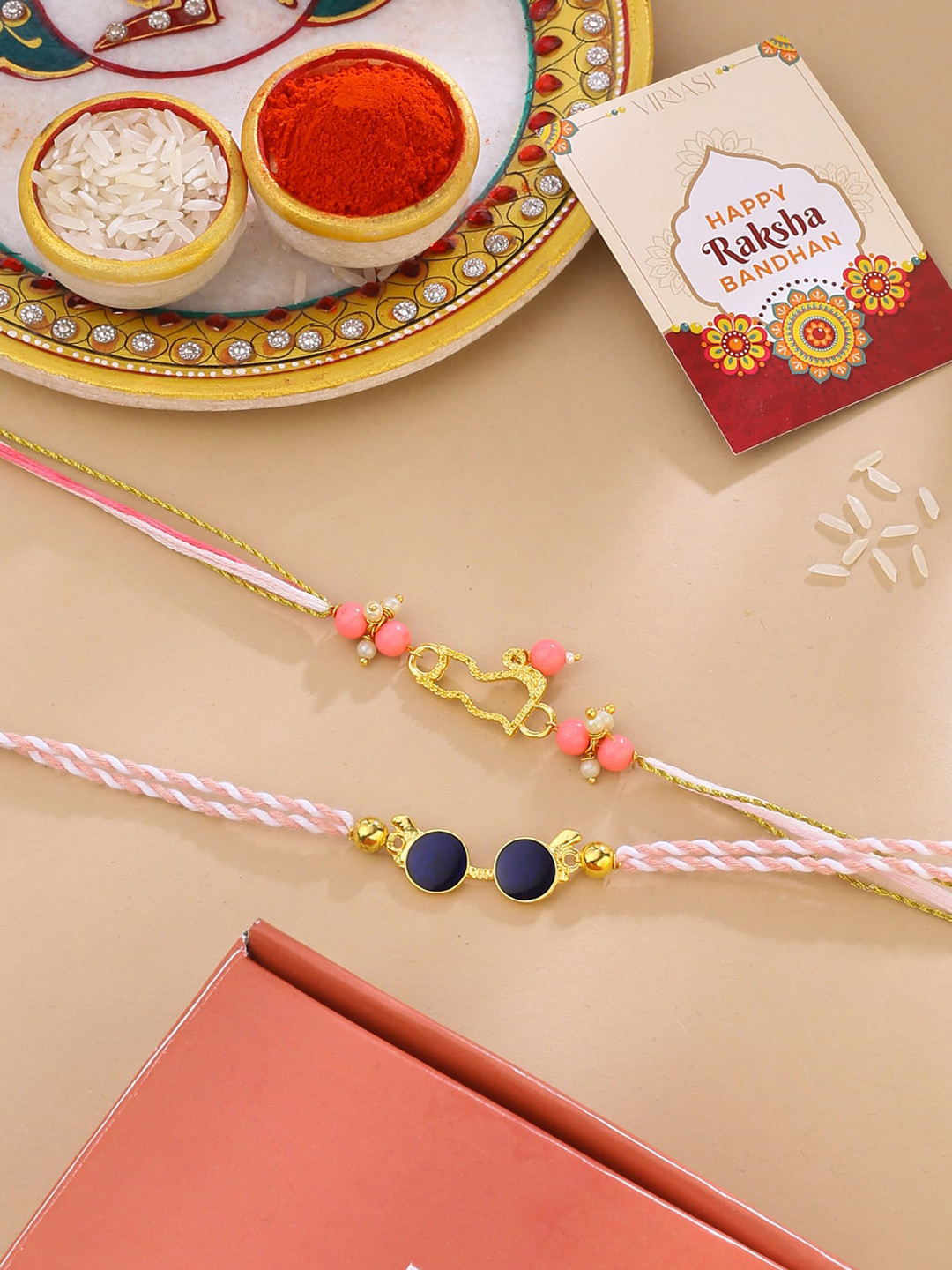 VIRAASI Boys Sunglasses & Kitty Rakhi Set of 2 with Roli Chawal & Card