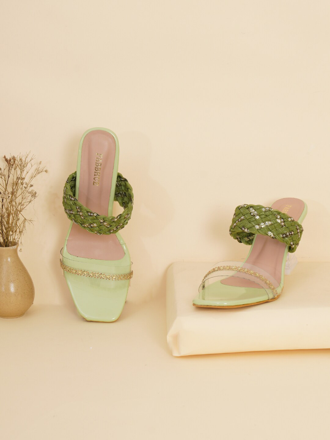 FABBHUE Embellished Braided Open Toe Block Heels