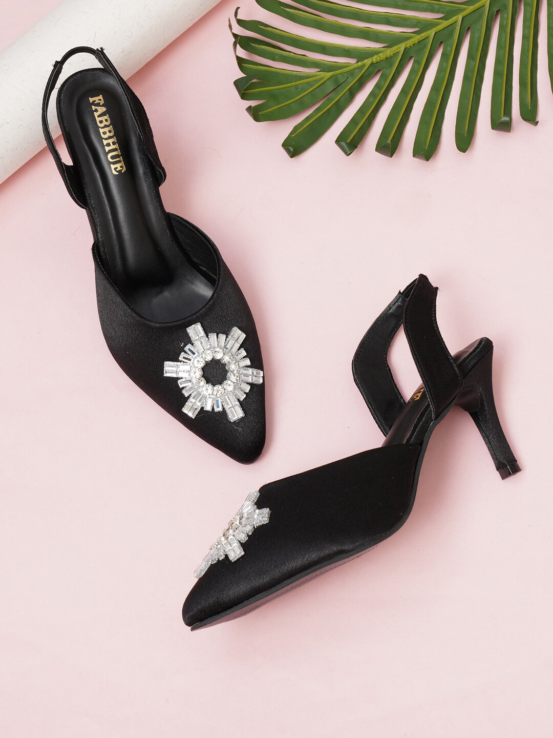 FABBHUE Embellished Pointed Toe Slingback Heels