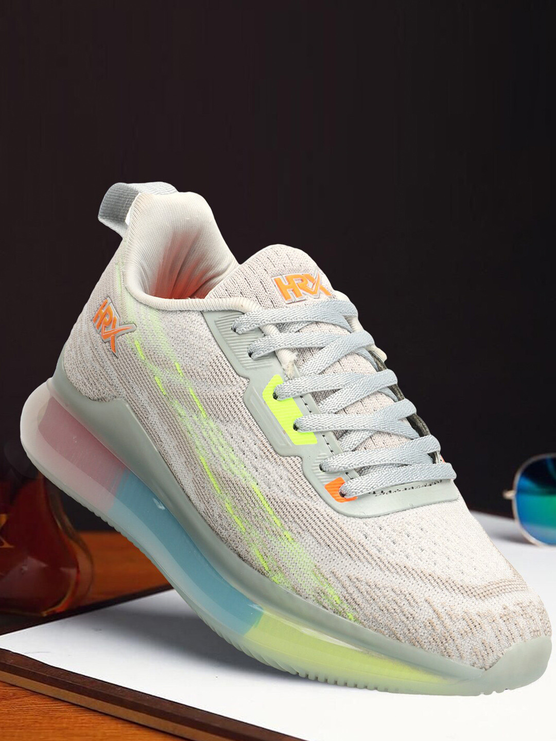 HRX by Hrithik Roshan Men Grey & Fluorescent Green Flyknit Technology Running Shoes