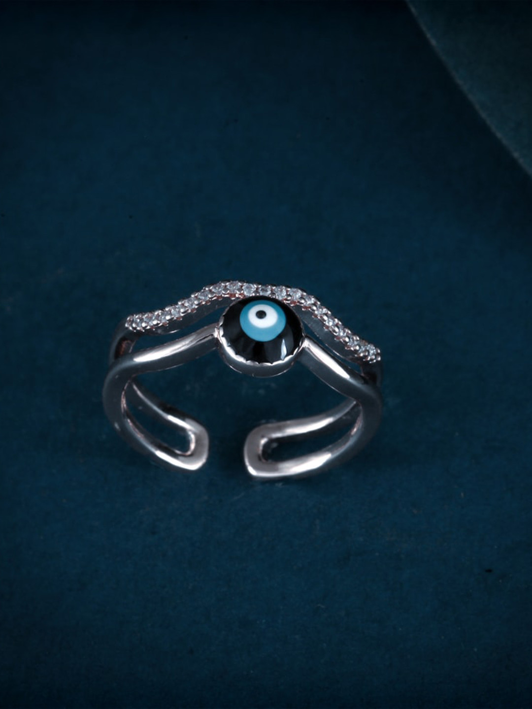 MEENAZ Silver-Plated Cubic Zirconia & American Diamond-Studded Evil Eye Finger Ring