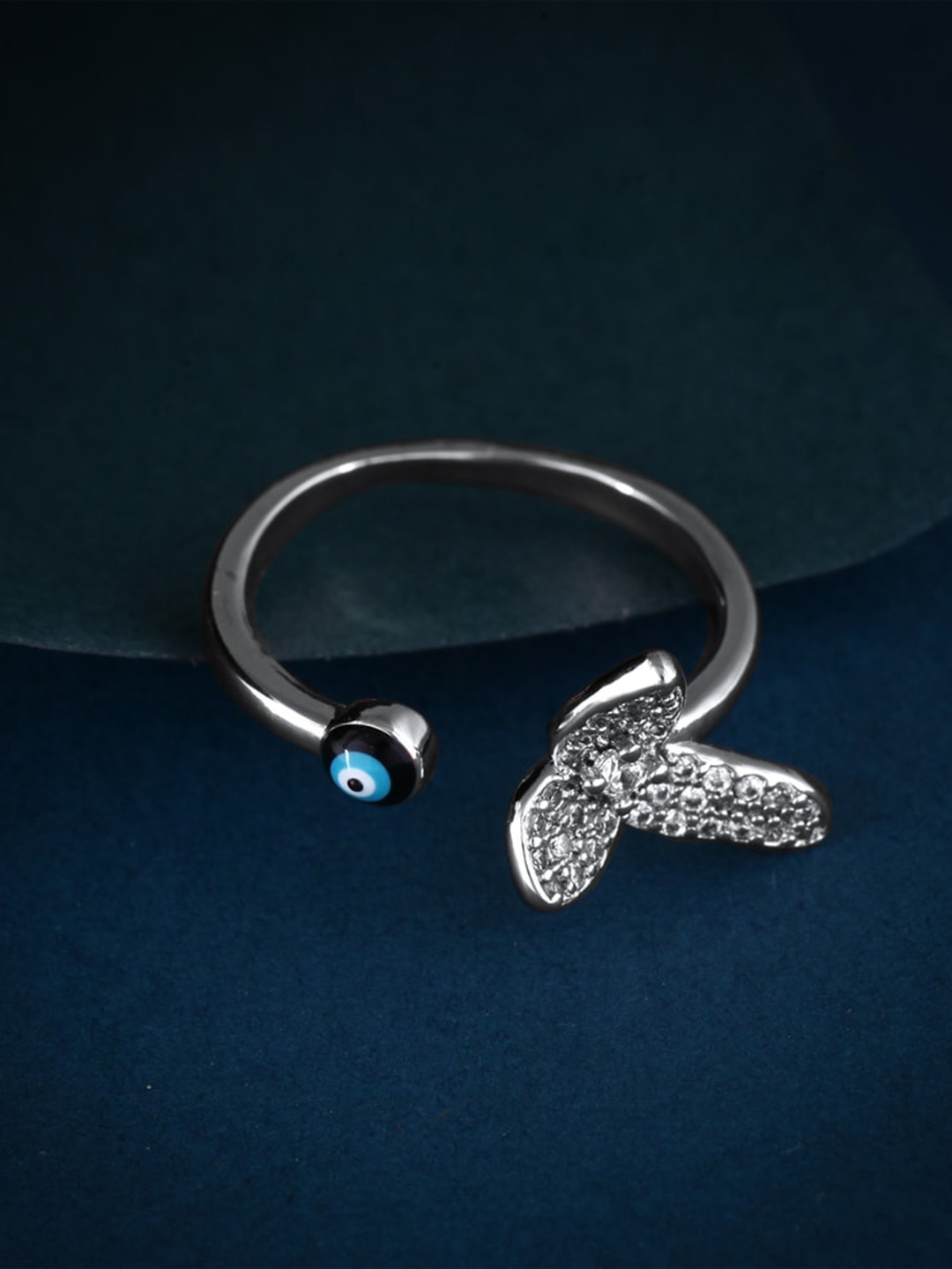 MEENAZ Silver-Plated CZ & AD Studded Evil Eye Ring