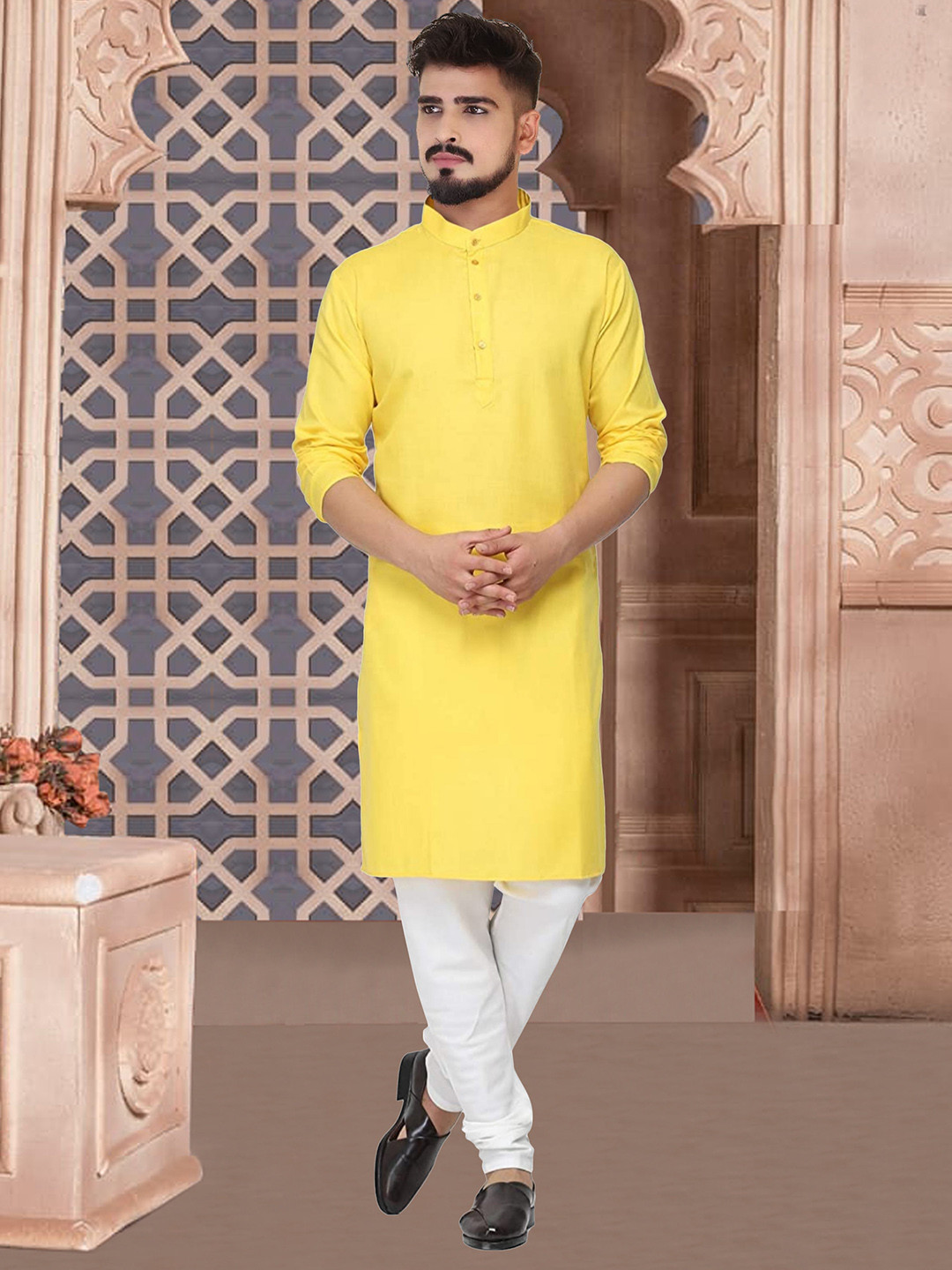 CELLUX Men Yellow Regular Kurta with Pyjamas