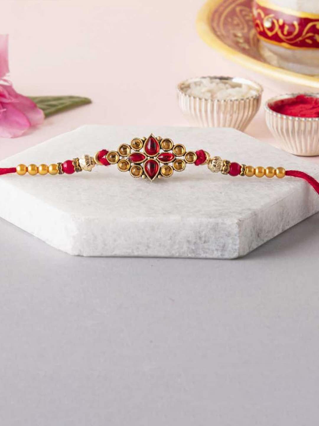 eCraftIndia Red & Golden Designer Kundan Thread Rakhi With Roli Chawal & Greetings Card