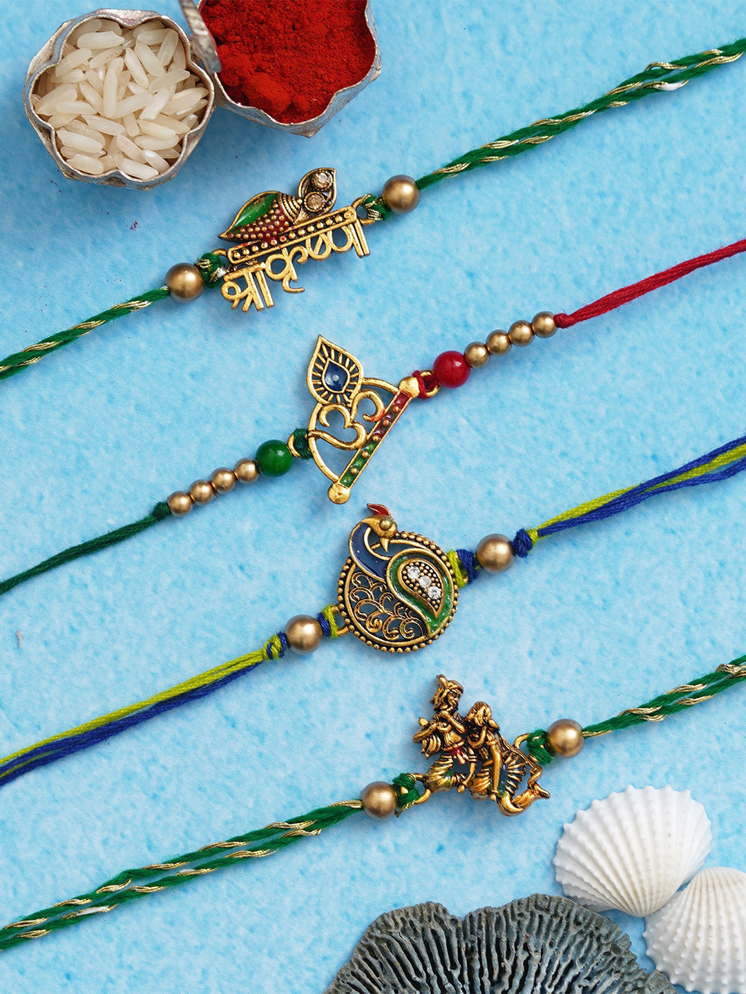 eCraftIndia Set Of 4 Thread Rakhis With Roli Chawal & Greetings Card