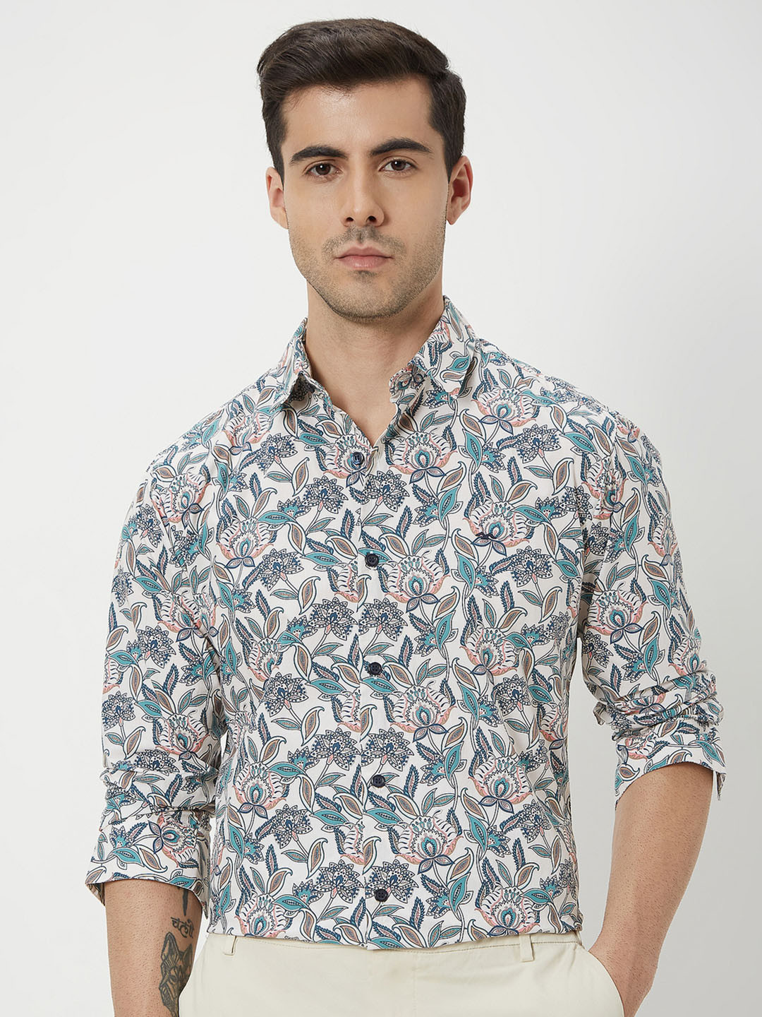 Mufti Slim Fit Floral Printed Spread Collar Long sleeve Printed Cotton Casual Shirt