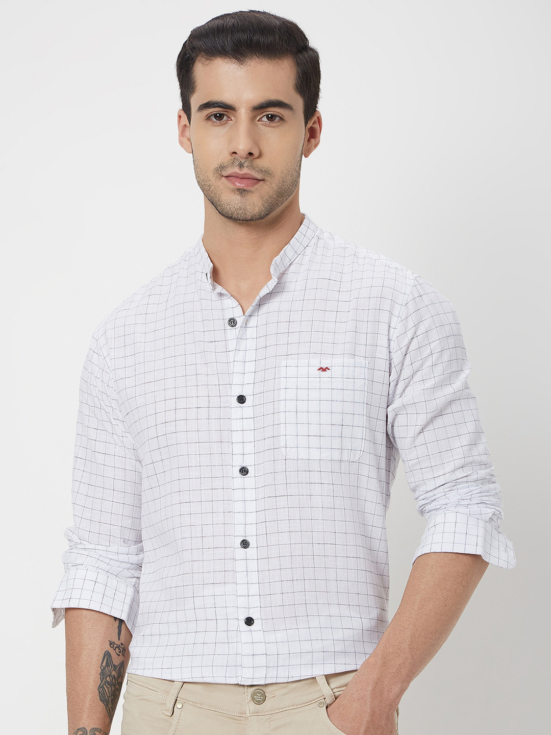 Mufti Slim Fit Grid Tattersall Checks Mandarin Collar Long Sleeve Cotton Casual Shirt
