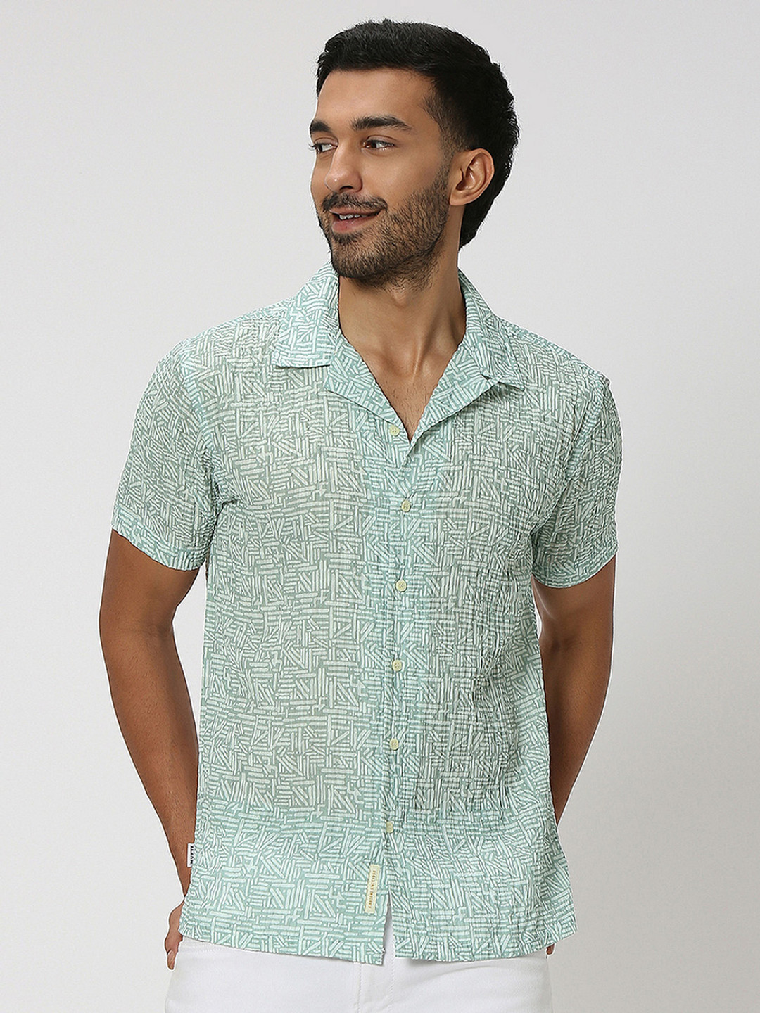 Mufti Men Green Slim Fit Abstract Printed Notch Lapel Collar Casual Shirt