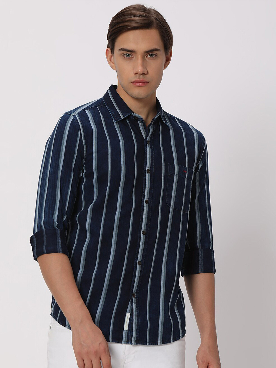 Mufti Striped Slim Fit Opaque Cotton Casual Shirt